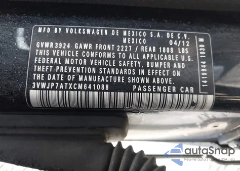 2012 Volkswagen Beetle from USA, damaged, VIN 3VWJP7ATXCM641088